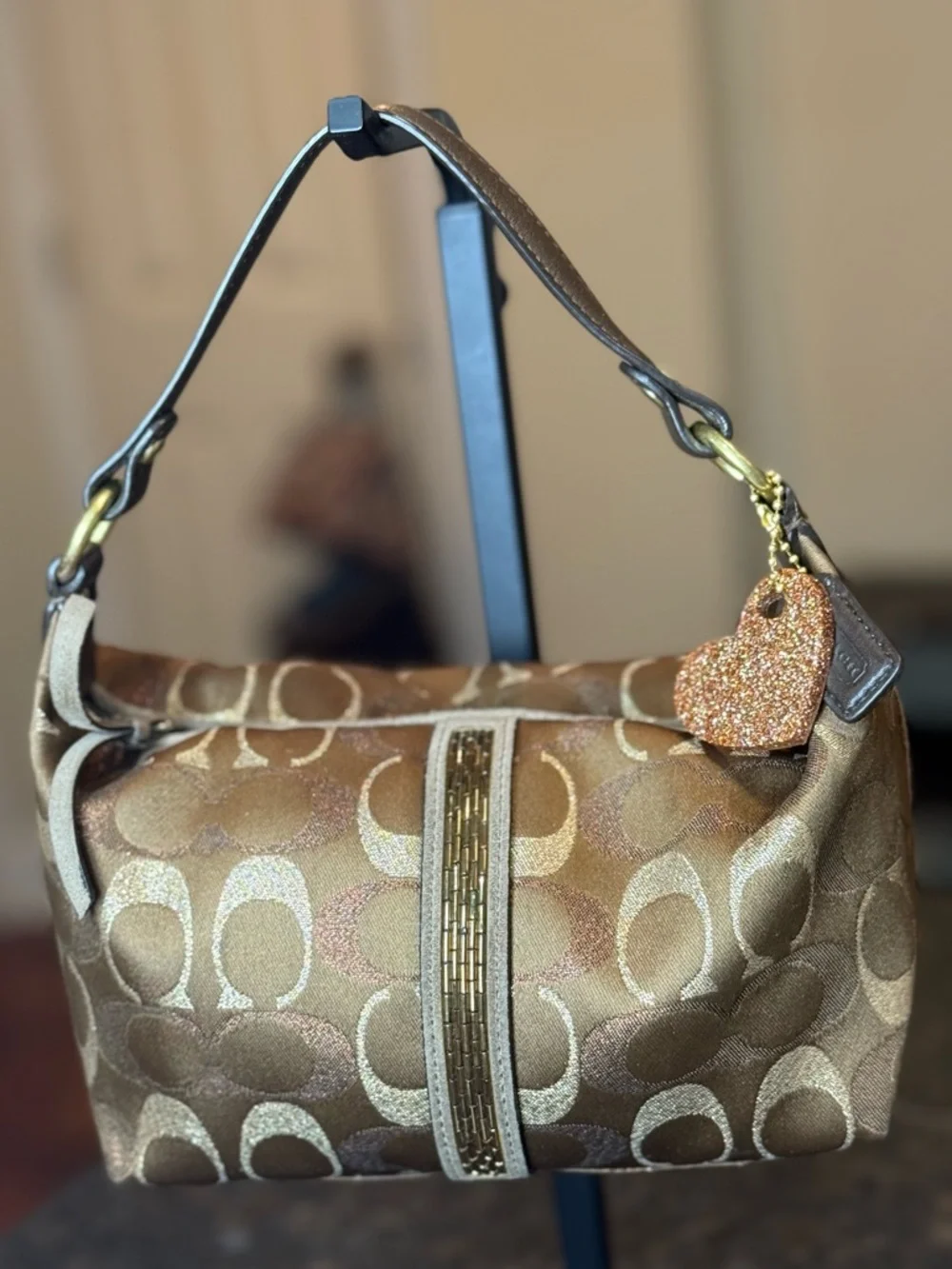 Coach Metallic Gold Signature Mini Signature/ Suede Stripe Hobo